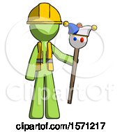 Green Construction Worker Contractor Man Holding Jester Staff