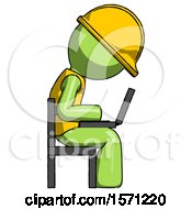 Green Construction Worker Contractor Man Using Laptop Computer While Sitting In Chair View From Side