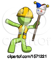 Poster, Art Print Of Green Construction Worker Contractor Man Holding Jester Staff Posing Charismatically