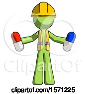 Poster, Art Print Of Green Construction Worker Contractor Man Holding A Red Pill And Blue Pill
