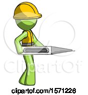 Poster, Art Print Of Green Construction Worker Contractor Man Walking With Large Thermometer