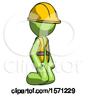 Green Construction Worker Contractor Man Kneeling Angle View Right