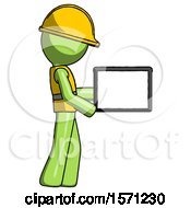 Poster, Art Print Of Green Construction Worker Contractor Man Show Tablet Device Computer To Viewer Blank Area