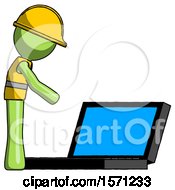 Green Construction Worker Contractor Man Using Large Laptop Computer Side Orthographic View