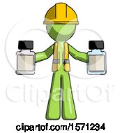 Poster, Art Print Of Green Construction Worker Contractor Man Holding Two Medicine Bottles