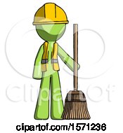 Poster, Art Print Of Green Construction Worker Contractor Man Standing With Broom Cleaning Services