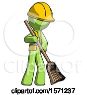 Green Construction Worker Contractor Man Sweeping Area With Broom