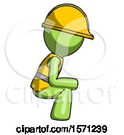Poster, Art Print Of Green Construction Worker Contractor Man Squatting Facing Right