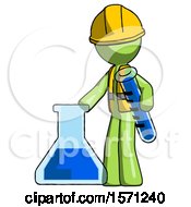 Poster, Art Print Of Green Construction Worker Contractor Man Holding Test Tube Beside Beaker Or Flask