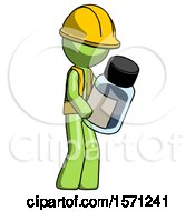 Green Construction Worker Contractor Man Holding Glass Medicine Bottle