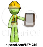 Poster, Art Print Of Green Construction Worker Contractor Man Showing Clipboard To Viewer