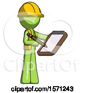 Poster, Art Print Of Green Construction Worker Contractor Man Using Clipboard And Pencil