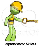 Green Construction Worker Contractor Man With Big Key Of Gold Opening Something