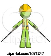 Poster, Art Print Of Green Construction Worker Contractor Man Posing With Two Ninja Sword Katanas