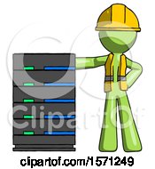 Poster, Art Print Of Green Construction Worker Contractor Man With Server Rack Leaning Confidently Against It