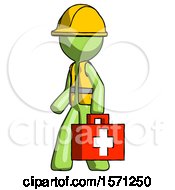 Green Construction Worker Contractor Man Walking With Medical Aid Briefcase To Left
