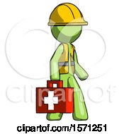 Green Construction Worker Contractor Man Walking With Medical Aid Briefcase To Right