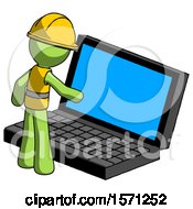 Green Construction Worker Contractor Man Using Large Laptop Computer