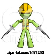 Poster, Art Print Of Green Construction Worker Contractor Man Two Sword Defense Pose