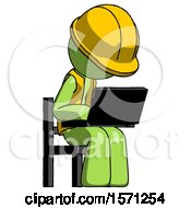 Green Construction Worker Contractor Man Using Laptop Computer While Sitting In Chair Angled Right