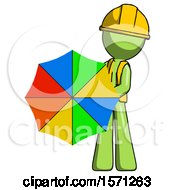 Green Construction Worker Contractor Man Holding Rainbow Umbrella Out To Viewer