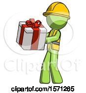 Poster, Art Print Of Green Construction Worker Contractor Man Presenting A Present With Large Red Bow On It