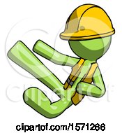 Poster, Art Print Of Green Construction Worker Contractor Man Flying Ninja Kick Left