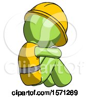 Poster, Art Print Of Green Construction Worker Contractor Man Sitting With Head Down Back View Facing Right