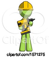 Green Construction Worker Contractor Man Holding Large Drill