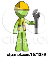 Green Construction Worker Contractor Man Holding Wrench Ready To Repair Or Work