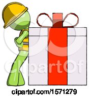 Poster, Art Print Of Green Construction Worker Contractor Man Gift Concept - Leaning Against Large Present