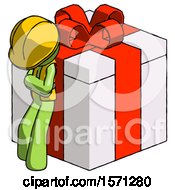 Poster, Art Print Of Green Construction Worker Contractor Man Leaning On Gift With Red Bow Angle View