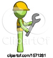 Poster, Art Print Of Green Construction Worker Contractor Man Using Wrench Adjusting Something To Right