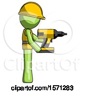 Poster, Art Print Of Green Construction Worker Contractor Man Using Drill Drilling Something On Right Side