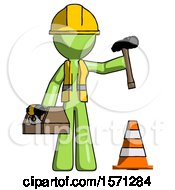 Poster, Art Print Of Green Construction Worker Contractor Man Under Construction Concept Traffic Cone And Tools