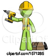 Poster, Art Print Of Green Construction Worker Contractor Man Holding Drill Ready To Work Toolchest And Tools To Right