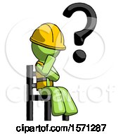 Poster, Art Print Of Green Construction Worker Contractor Man Question Mark Concept Sitting On Chair Thinking