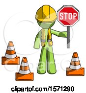 Poster, Art Print Of Green Construction Worker Contractor Man Holding Stop Sign By Traffic Cones Under Construction Concept