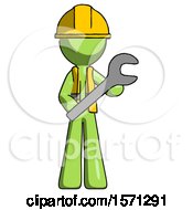 Poster, Art Print Of Green Construction Worker Contractor Man Holding Large Wrench With Both Hands
