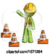 Poster, Art Print Of Green Construction Worker Contractor Man Standing By Traffic Cones Waving