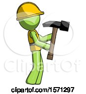 Poster, Art Print Of Green Construction Worker Contractor Man Hammering Something On The Right