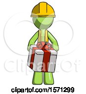 Poster, Art Print Of Green Construction Worker Contractor Man Gifting Present With Large Bow Front View