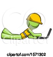 Poster, Art Print Of Green Construction Worker Contractor Man Using Laptop Computer While Lying On Floor Side View