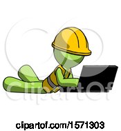 Poster, Art Print Of Green Construction Worker Contractor Man Using Laptop Computer While Lying On Floor Side Angled View