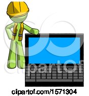 Green Construction Worker Contractor Man Beside Large Laptop Computer Leaning Against It