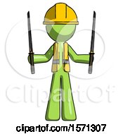 Poster, Art Print Of Green Construction Worker Contractor Man Posing With Two Ninja Sword Katanas Up