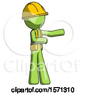 Green Construction Worker Contractor Man Presenting Something To His Left