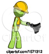 Poster, Art Print Of Green Construction Worker Contractor Man Dusting With Feather Duster Downwards