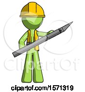 Poster, Art Print Of Green Construction Worker Contractor Man Holding Large Scalpel