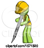 Green Construction Worker Contractor Man Cutting With Large Scalpel